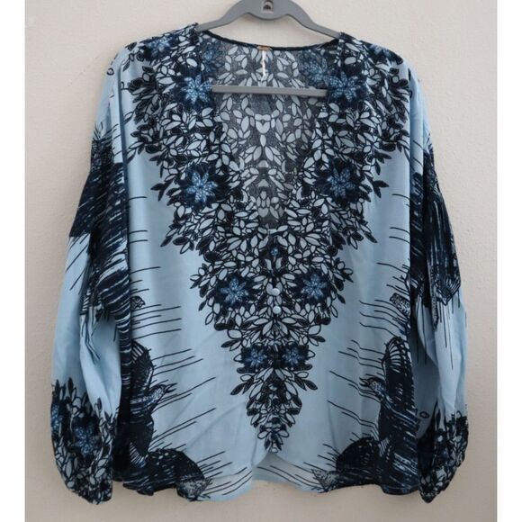 Free People OB818838 Womens Sz S Blue Combo Birds of a Feather Oversized Top - Picture 1 of 10